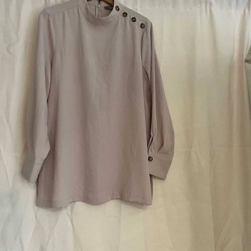 Marled Tan Long Sleeve Boxy Blouse with Mandarin Collar